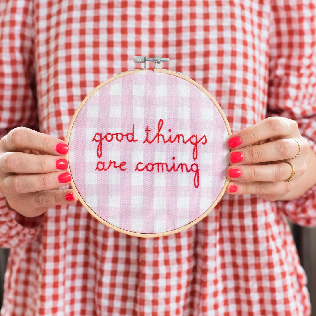 Good Things Are Coming Gingham Embroidery Hoop Kit