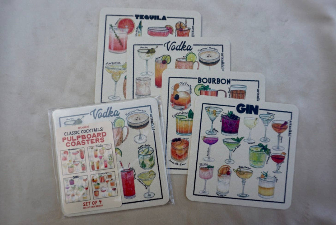 Classic Cocktail Variety Coaster Set of 4  (Bourbon, Gin, Vodka, Tequila)
